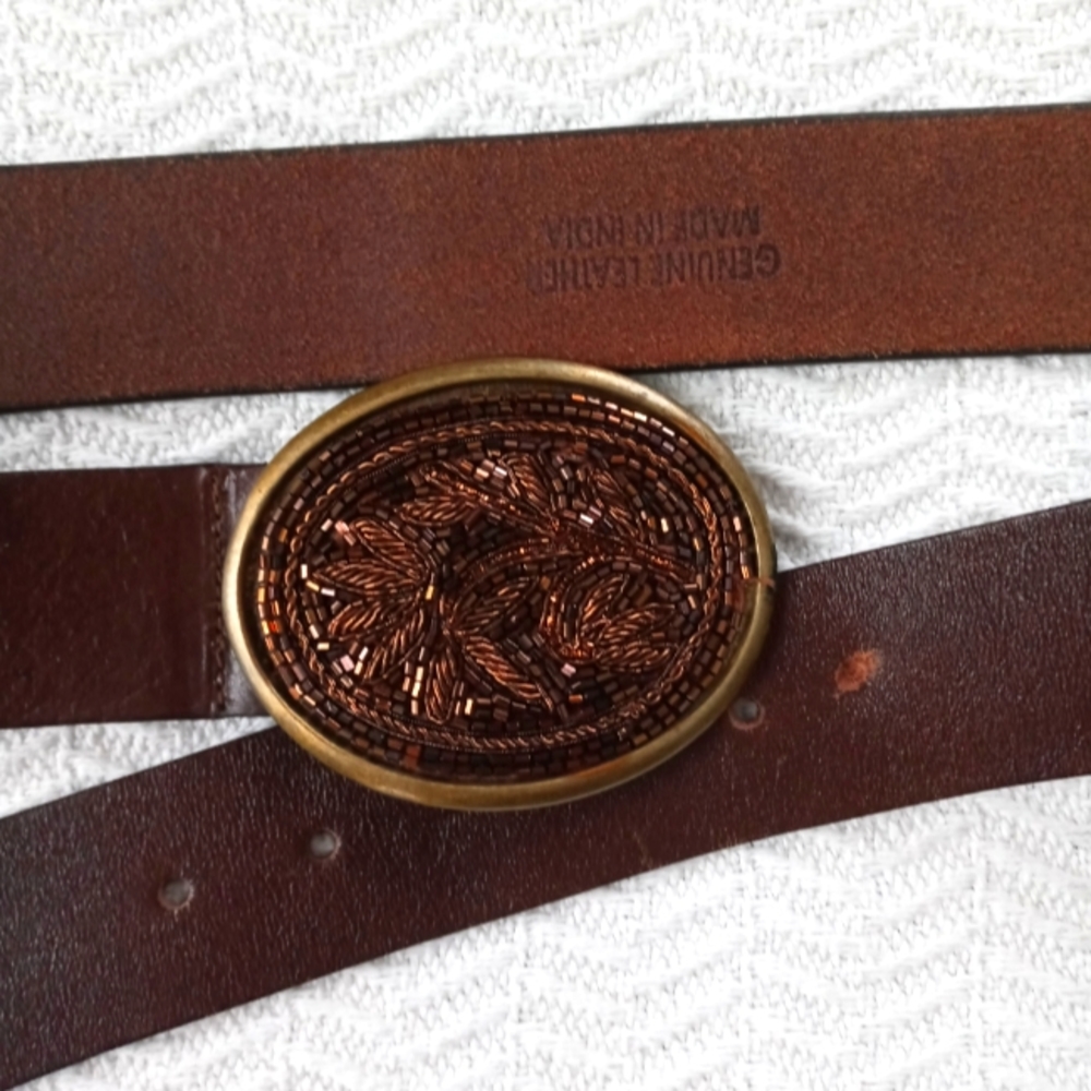 Leather Belt with Beaded Belt Buckle